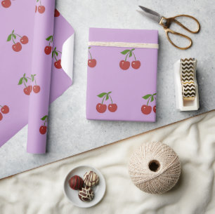 Papel De Presente Padrão de Frutas Cereja Roxo Pastel Retro Feminino