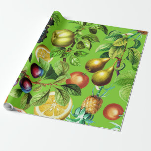 Papel De Presente Padrão de Frutas em Fundo Verde