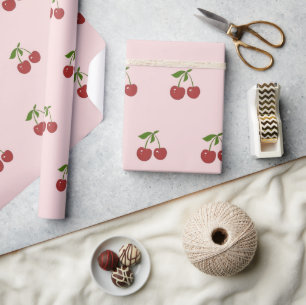 Papel De Presente Padrão de Frutas Femininas Cereja Rosa e Vermelha 