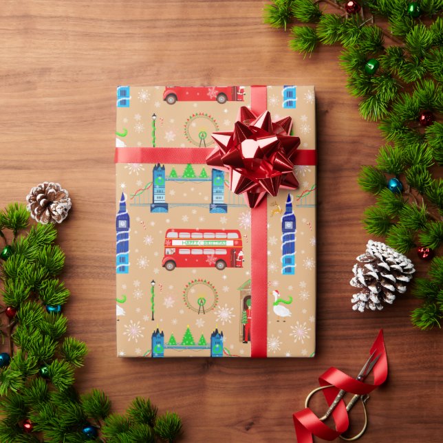 Papel De Presente Padrão de Fundo Beige do Natal em Londres (Presente de Natal)