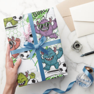 Papel De Presente Padrão de Futebol de Monstros Engraçados para Cria