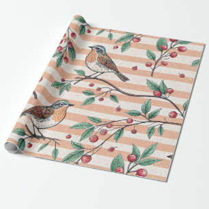 Papel De Presente Padrão de Galho de Fruta Vermelha de Pêssego Vinta