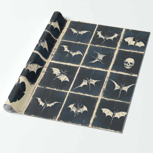Papel De Presente Padrão de ganga com morcegos e caveiras góticas gr (Desenrolado)