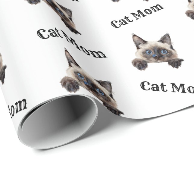 Papel De Presente Padrão de Gata Balinesa em Aquarela Mãe (Ponta do rolo)