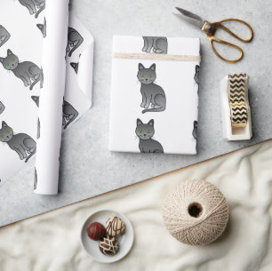 Papel De Presente Padrão de Gato de Cartoon Azul Russo