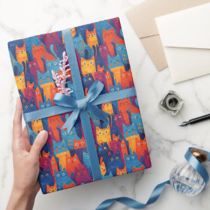 Papel De Presente Padrão de Gato de Desenho Animado Colorido   Fofo 