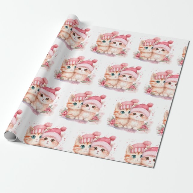 Papel De Presente Padrão de Gato de Natal Rosa Bonito (Desenrolado)