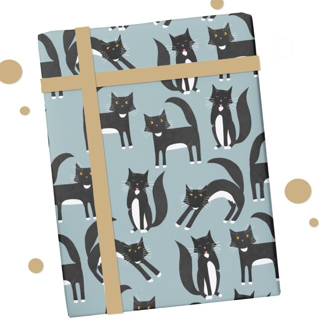 Papel De Presente Padrão de Gato de Tuxedo Branco e Preto (Black and white Tuxedo Cat pattern gift wrap paper roll)