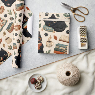 Papel De Presente Padrão de Gato Preto Aconchegante Amante de Livros
