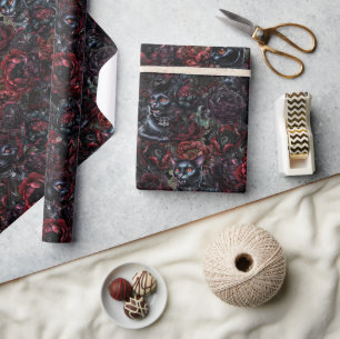 Papel De Presente Padrão de Gato Preto Gótico e Flores Escuras