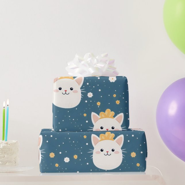 Papel De Presente Padrão de Gato Real Branco (Presentes para festas)