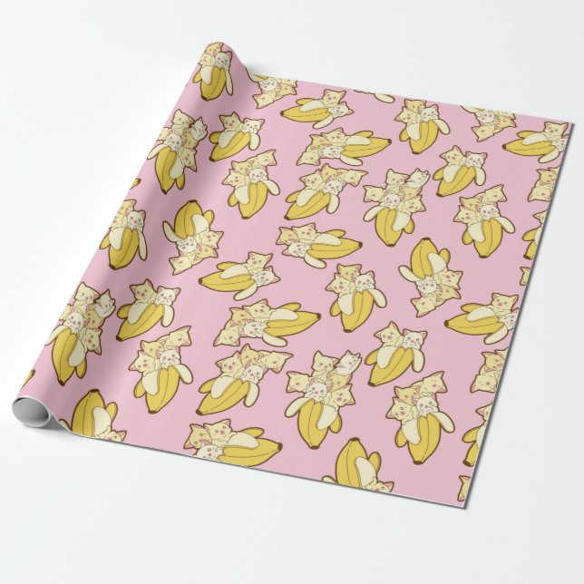 Papel De Presente Padrão De Gatos E Bananas (Desenrolado)
