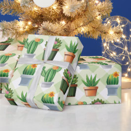 Papel De Presente Padrão de Gingham Cactus Verde