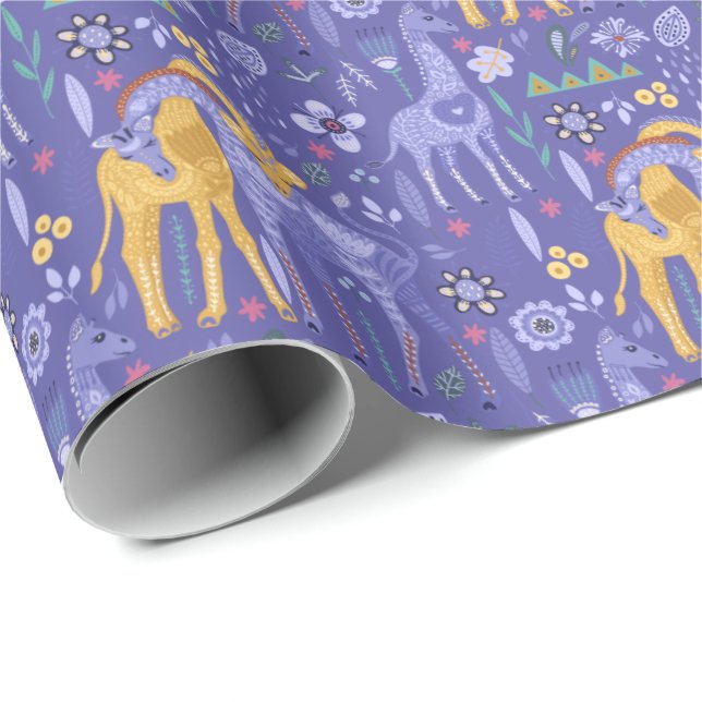 Papel De Presente Padrão de Girafas Amarelas do Teal Roxo Whimsical (Ponta do rolo)