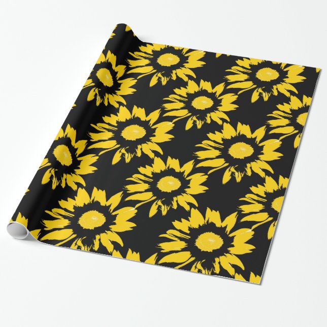 Papel De Presente Padrão de girassol amarelo e preto (Desenrolado)
