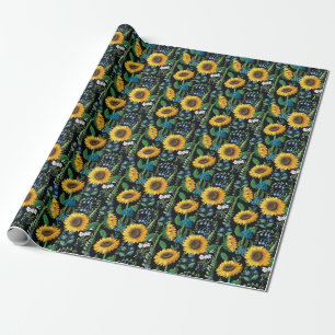 Papel De Presente Padrão de girassol em fundo preto