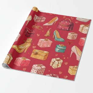 Papel De Presente Padrão de Glamour de Natal Coquette Vermelho