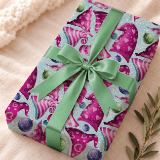 Papel De Presente Padrão de Gnome de Natal Azul Rosa Caprichoso
