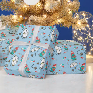 Papel De Presente Padrão de Gnomo Médico do Natal