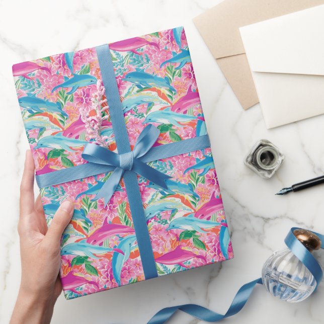 Papel De Presente Padrão de golfinhos tropicais na praia de Preppy P (Presentear)