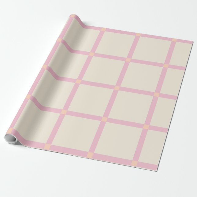 Papel De Presente Padrão de Grade Bege e Rosa Suave (Desenrolado)