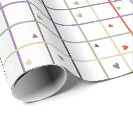 Papel De Presente Padrão de Grade Geométrica com Corações Espalhados