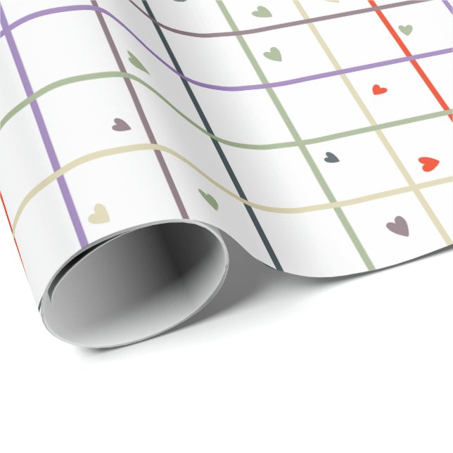 Papel De Presente Padrão de Grade Geométrica com Corações Espalhados (Ponta do rolo)