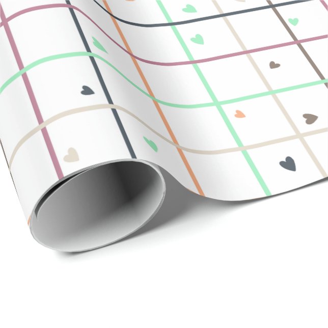 Papel De Presente Padrão de Grade Geométrica com Corações Espalhados (Ponta do rolo)
