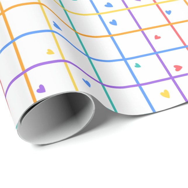 Papel De Presente Padrão de Grade Geométrica com Corações Espalhados (Ponta do rolo)
