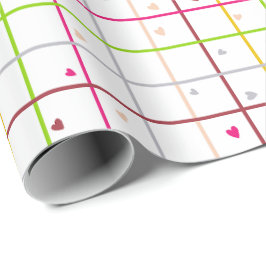 Papel De Presente Padrão de Grade Geométrica com Corações Espalhados