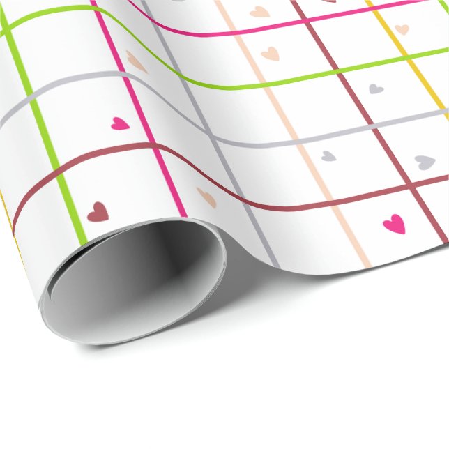 Papel De Presente Padrão de Grade Geométrica com Corações Espalhados (Ponta do rolo)