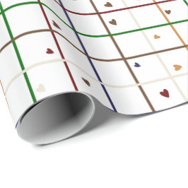Papel De Presente Padrão de Grade Geométrica com Corações Espalhados