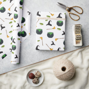 Papel De Presente Padrão de Halloween da Bruxa Broom Caldron