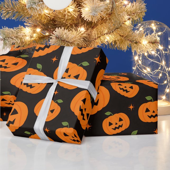 Papel De Presente Padrão de Halloween de Abóbora Fofa e Assustadora (Feriados)