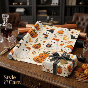 Papel De Presente Padrão de Halloween de Fantasma e Abóbora Fofos