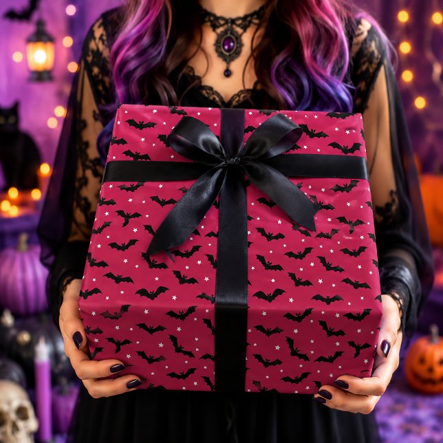 Papel De Presente Padrão de Halloween de Morcegos Rosa e Preto (Criador carregado)