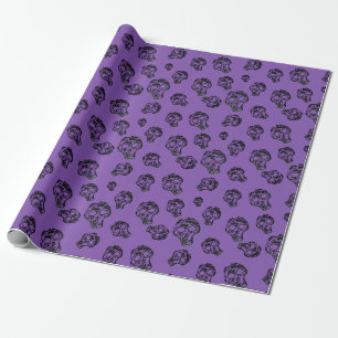 Papel De Presente Padrão de Halloween do Sketch Skull   Preto/Roxo