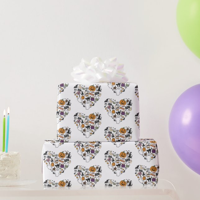 Papel De Presente Padrão de Halloween em Coração Branco Halloween (Presentes para festas)