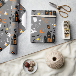 Papel De Presente Padrão de Halloween Ilustrado com cinza e preto