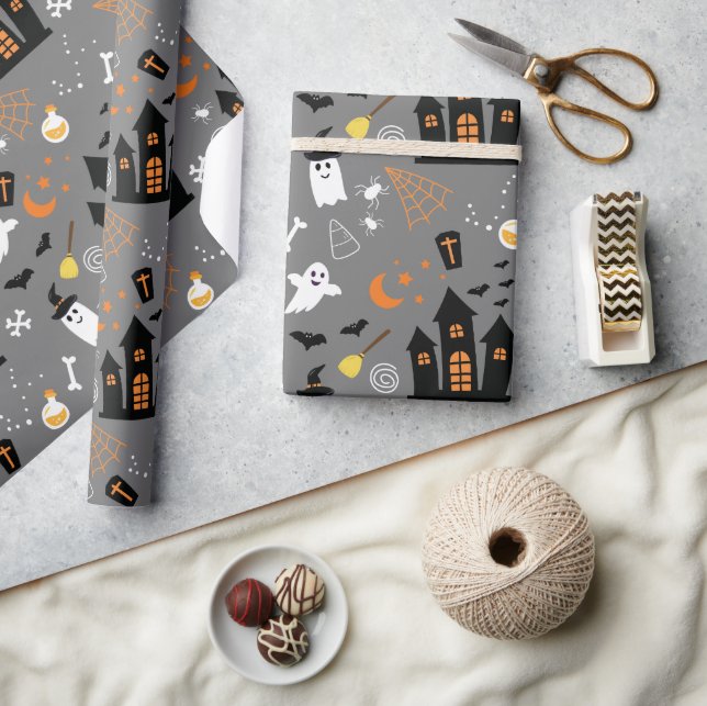 Papel De Presente Padrão de Halloween Ilustrado com cinza e preto (Artesanato)
