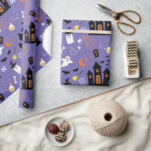 Papel De Presente Padrão de Halloween Ilustrado com Roxo