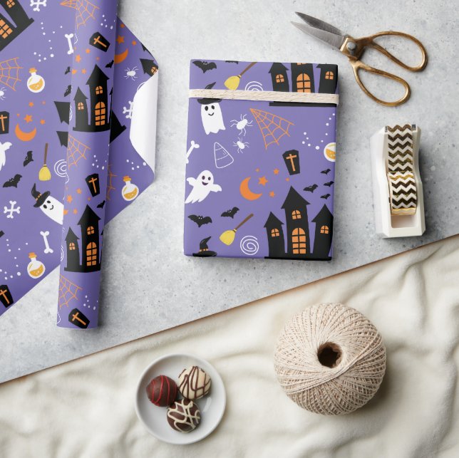 Papel De Presente Padrão de Halloween Ilustrado com Roxo (Artesanato)