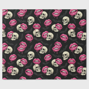 Papel De Presente Padrão de Halloween Lábios de Vampiro Rosa Morcego