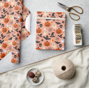 Papel De Presente Padrão de Halloween Laranja Preto Sazonal Assustad