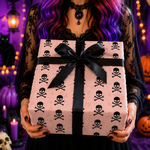 Papel De Presente Padrão de Halloween Ossos Cruzados Caveira Preto R