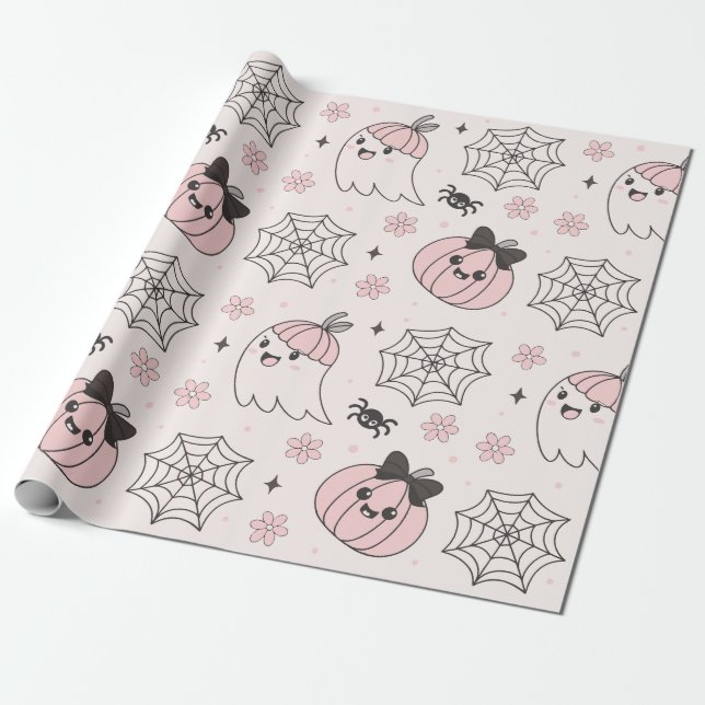 Papel De Presente Padrão de Halloween Rosa de Kawaii com Fantasma, A (Desenrolado)