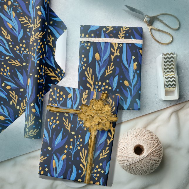 Papel De Presente Padrão de Hanukkah floral amarelo azul (Blue Yellow floral Hanukkah Pattern Wrapping Paper)