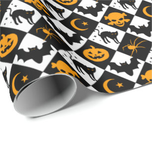 Papel De Presente Padrão de Harlequin Laranja Negro Halloween