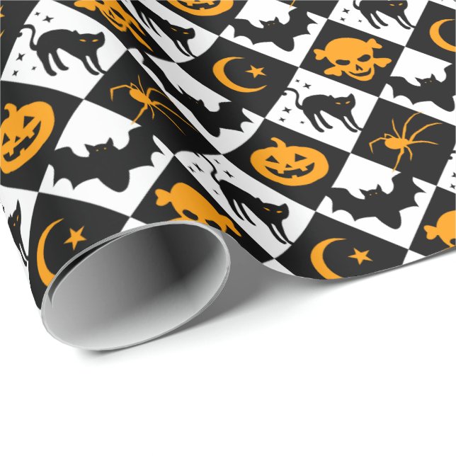 Papel De Presente Padrão de Harlequin Laranja Negro Halloween (Ponta do rolo)