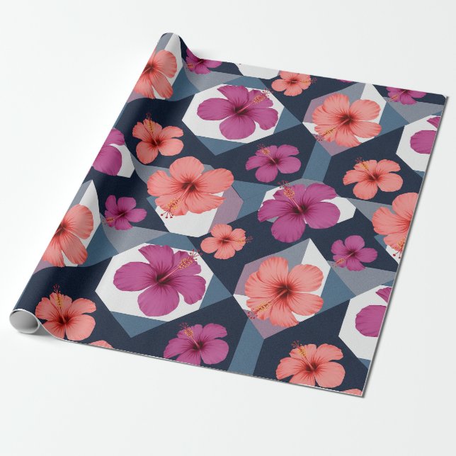 Papel De Presente Padrão de Hibisco Tropical Costeiro (8) (Desenrolado)